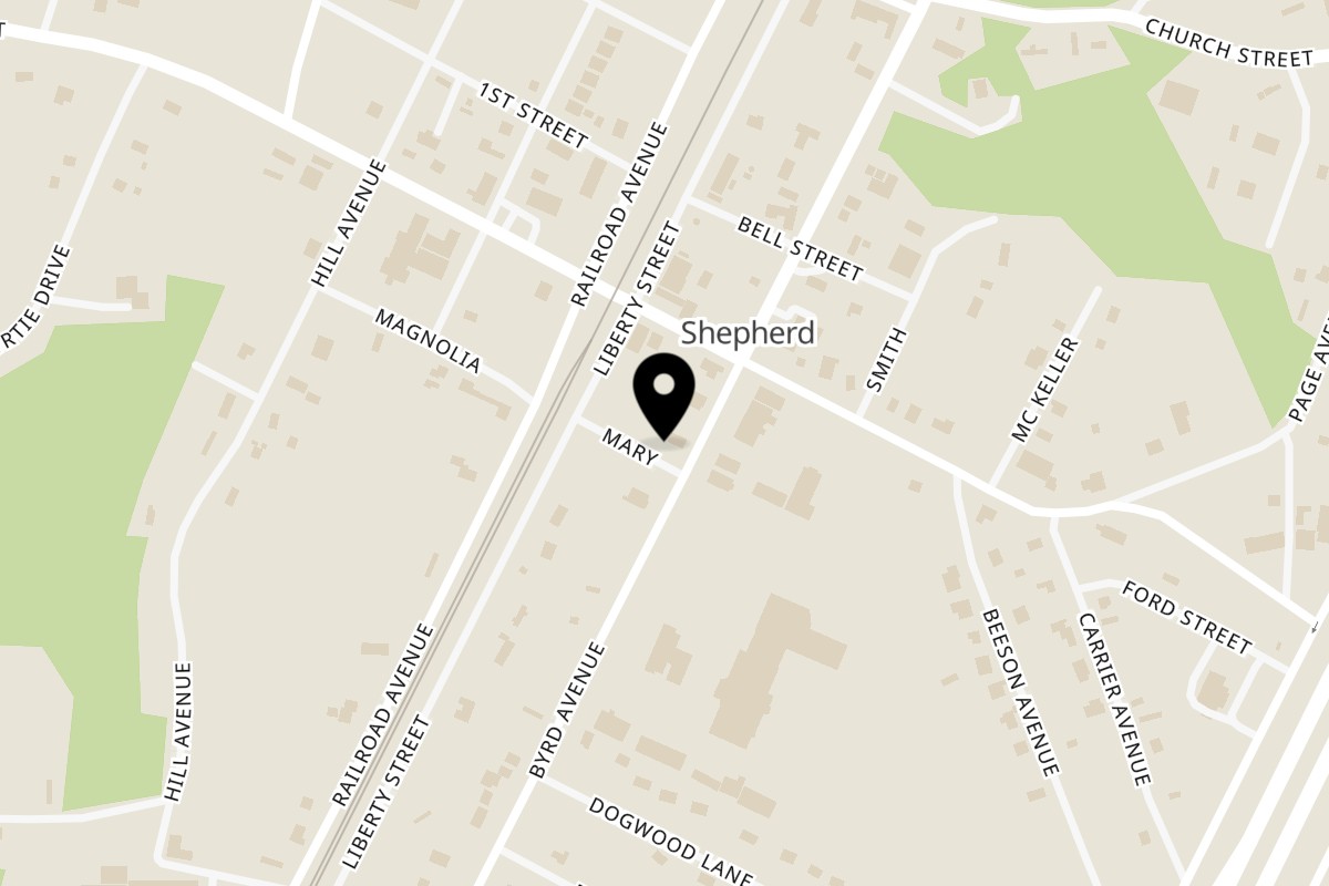 Map showing the location of The Texas Grill Shepherd on 1318 S Byrd Ave in Shepherd